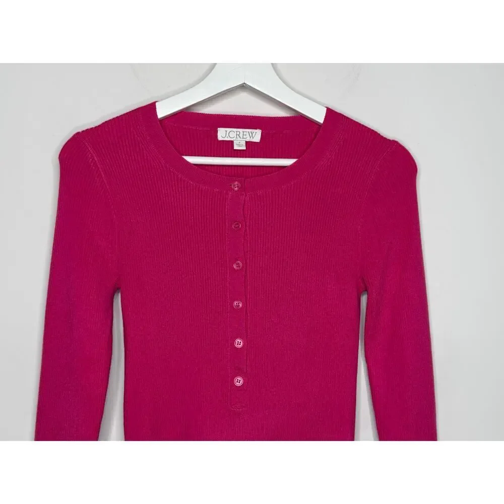 J. Crew TENCEL Blend Long Sleeve Henley Sweater Hot Pink Women's Size Small
